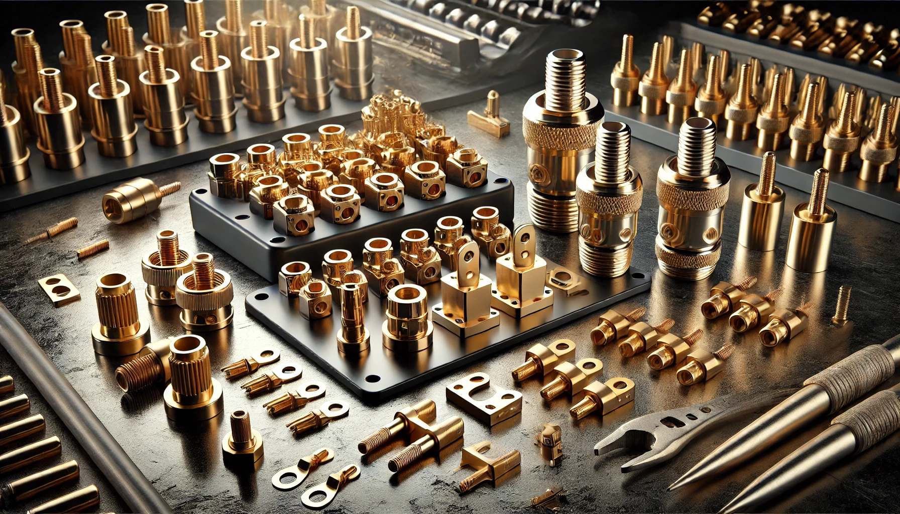 DALL·E 2025-03-29 19.16.13 - A professional image showcasing brass electrical components such as brass terminals, brass connectors, and brass lugs. The image should display these